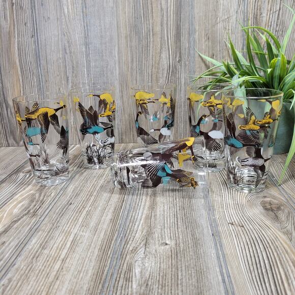 6 Vintage Canadian Geese Glass Tumblers MCM Hunting Gift - Picture 1 of 5